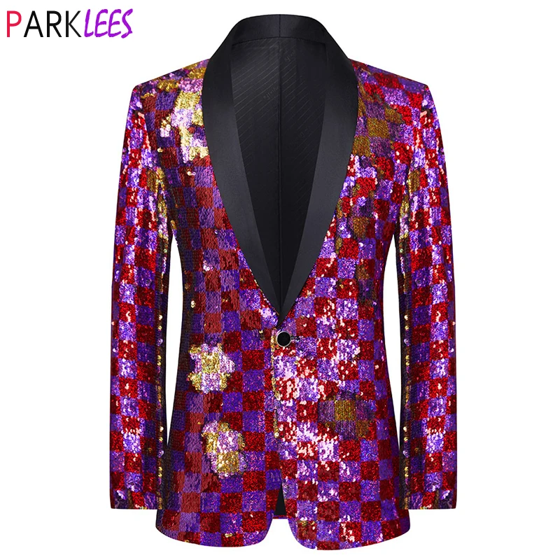 

Shiny Square Plaid Sequin Glitter Blazer Men One Button Shawl Lapel Party Tuxedo Suit Jacket Wedding Stage Singer Costume Homme