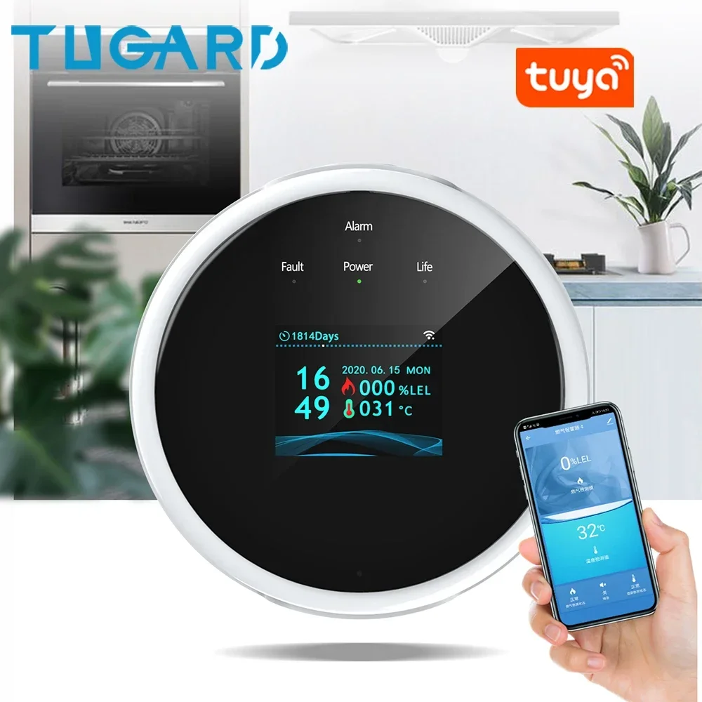 Датчик утечки горючих газов Tuya, Wi-Fi детекторы с функцией температуры, с ЖК-дисплеем