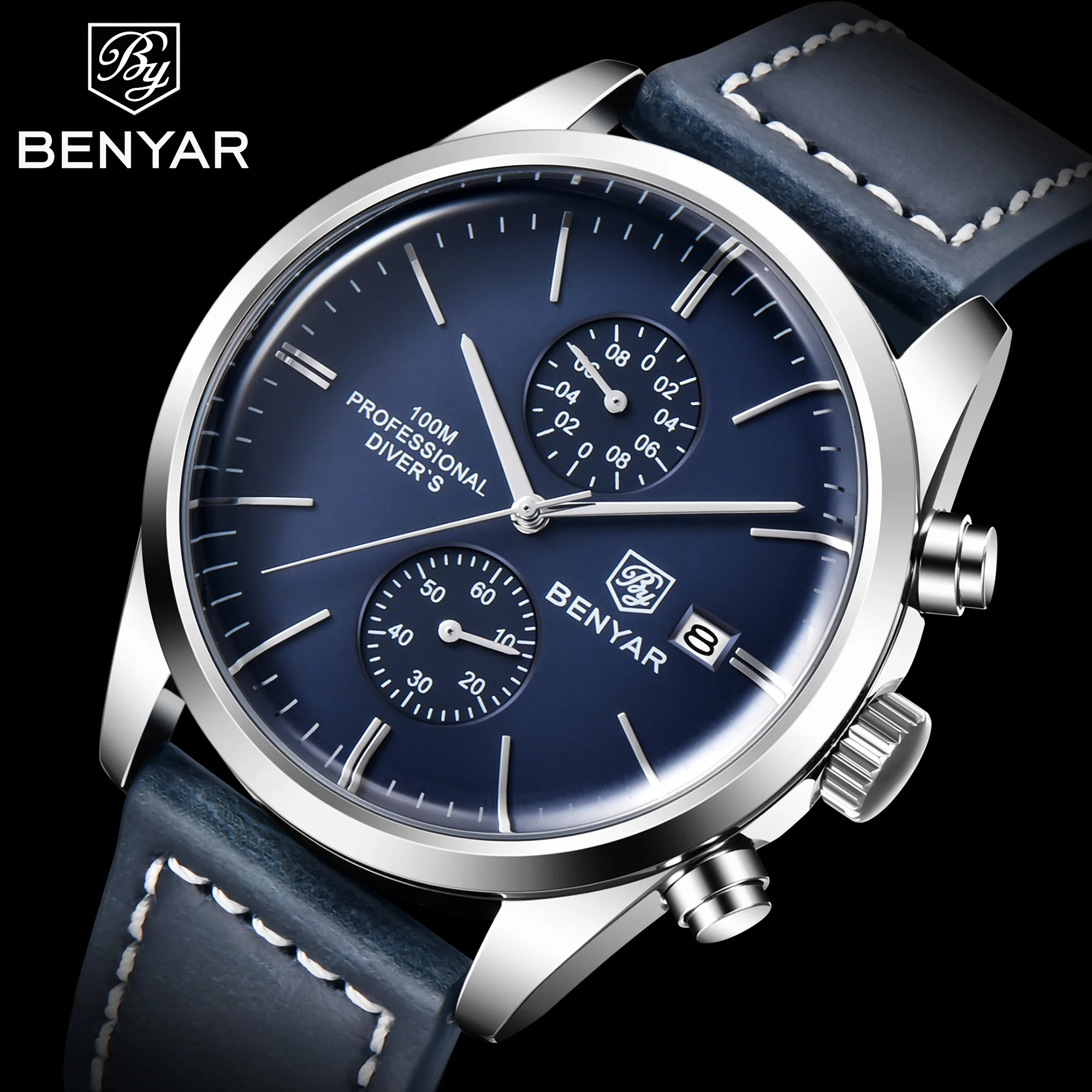 BENYAR New Leather Men Quartz Wristwatches Luxury Brand 100M Waterproof Men Watch Military Sports Chronograph Watch For Men