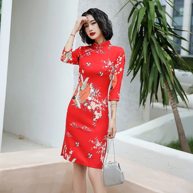 

Red Vintage Cheongsam 2023 New Satin Middle Sleeve Improved Fresh Girl Chinese Traditional Fit Daily Qipao Elegant Prom Dress