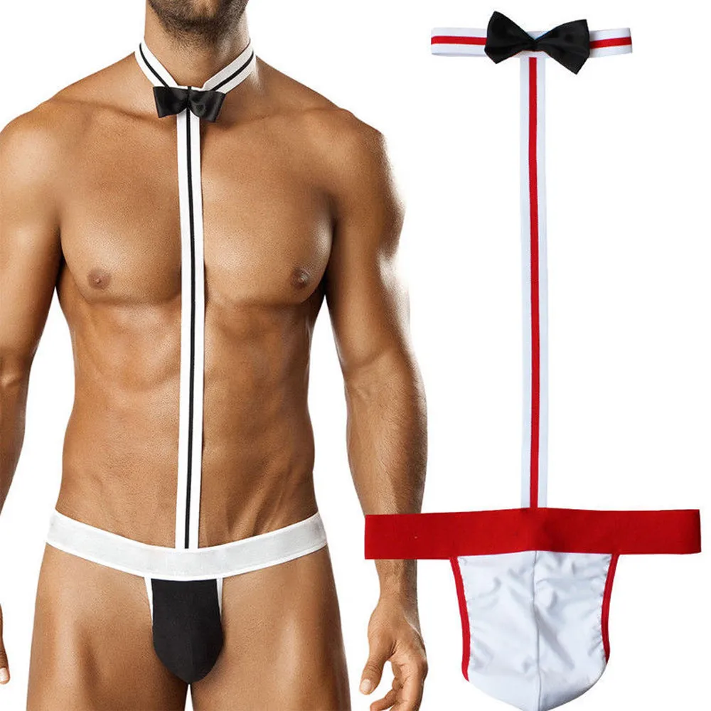 Novelty Sexy Men Mankini Thong Underwear Lingerie Sexy Hot Erotic Waiter Costume Bodysuit Lingerie Briefs G-String Sleepwear New