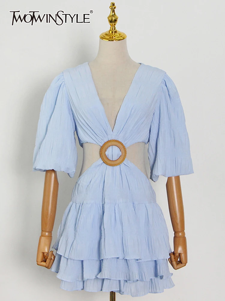 

TWOTWINSTYLE Bohemian Style Dress For Women V Neck Lantern Half Sleeve Cut Out High Waist Dresses Female 2022 Summer Clothing