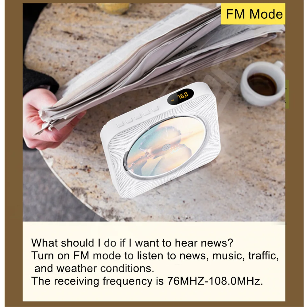 Woopker CD Player Portable Bluetooth Stereo HiFi Sound Speaker Support Remote Control FM Radio LED Screen AUX TF CD Music Player