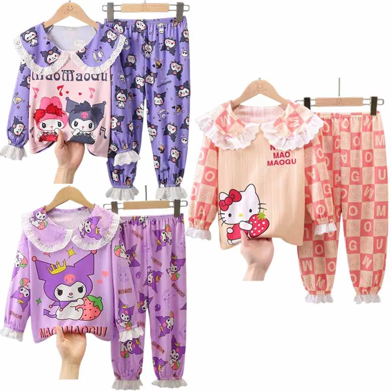 

Sanrios Anime Cartoon My Melody Kuromi HelloKittys Children Long Sleeved Pants Suit Home Clothing Girls Spring Autumn Pajamas