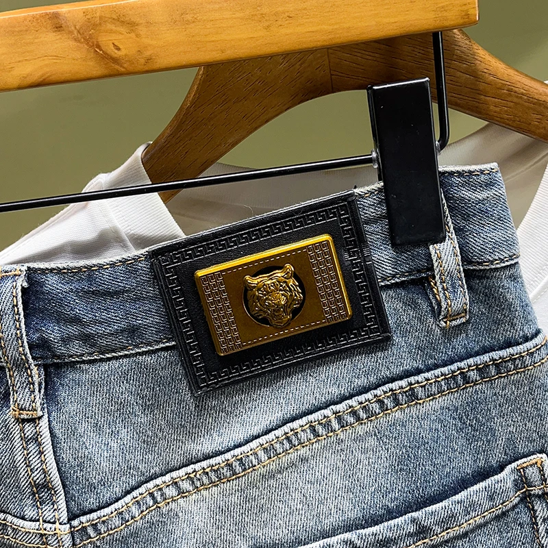 Summer new men's jeans splicing hole patch Slim small straight leg pants heavy embroidery gang handsome personality pants