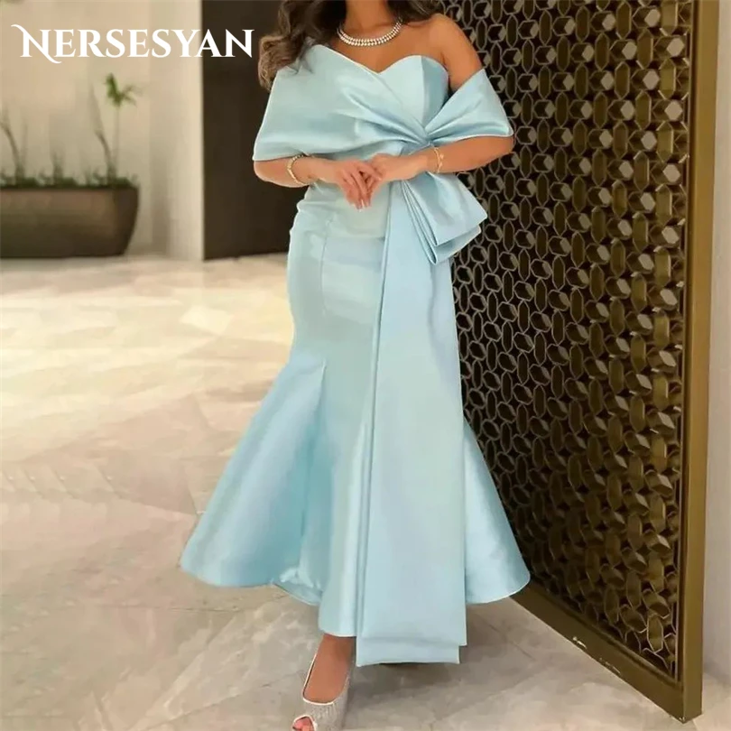 

Nersesyan Mermaid Satin Evening Dresses Off The Shoulder Pleats Formal Party Gowns Ankle-Length Draped Vestidos De Fiesta 2023