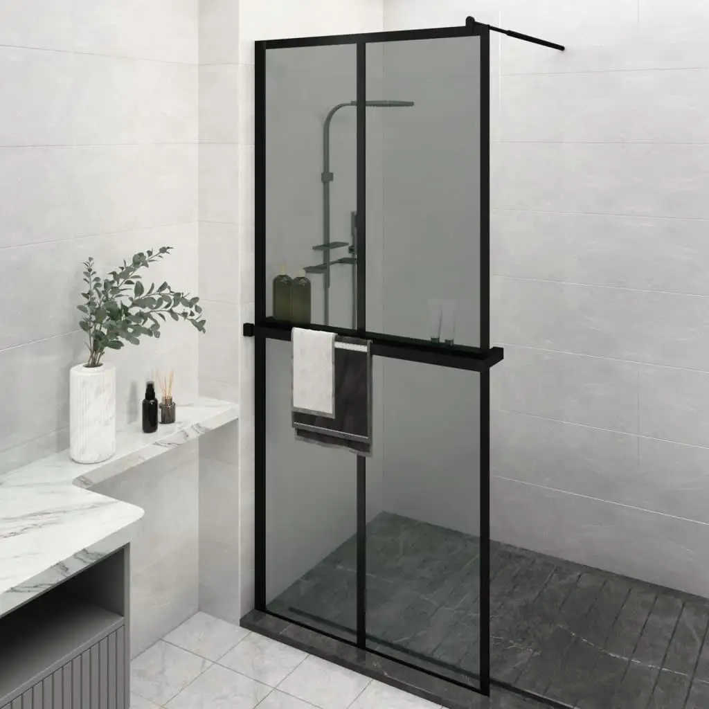 Black 39.4x76.8 Walk-in Shower Wall with Shelf - ESG Glass & Aluminum Design 2