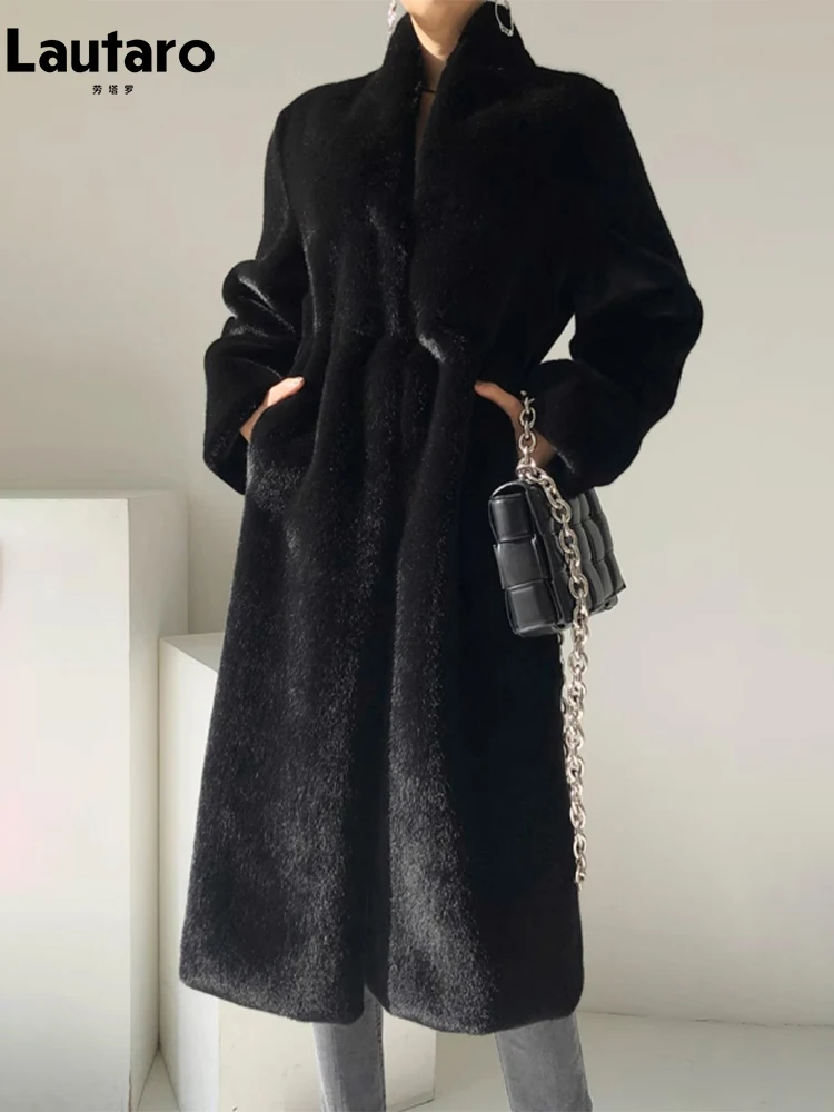 Lautaro Winter Long Black Luxury Elegant Stylish Thick Warm Fluffy Hairy Soft Faux Mink Fur Coat Women Stand Collar Sashes 2023 6