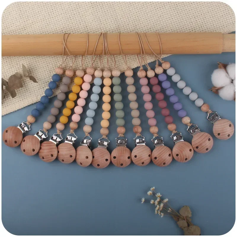 Beech Wood Chew Silicone Bead Pacifier Clips Dummy Chain Holder Newborn Soother Chains Nipple Holder Baby Teething Toys Gifts