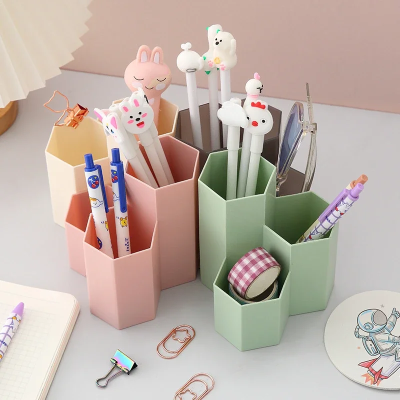 Ins Simple Hexagonal Frosted Pen Holder Cute Candy Color Girl Boy Desk Stationery Organizer Large Capacity Cosmetics Storage Box pen holder desk organizer