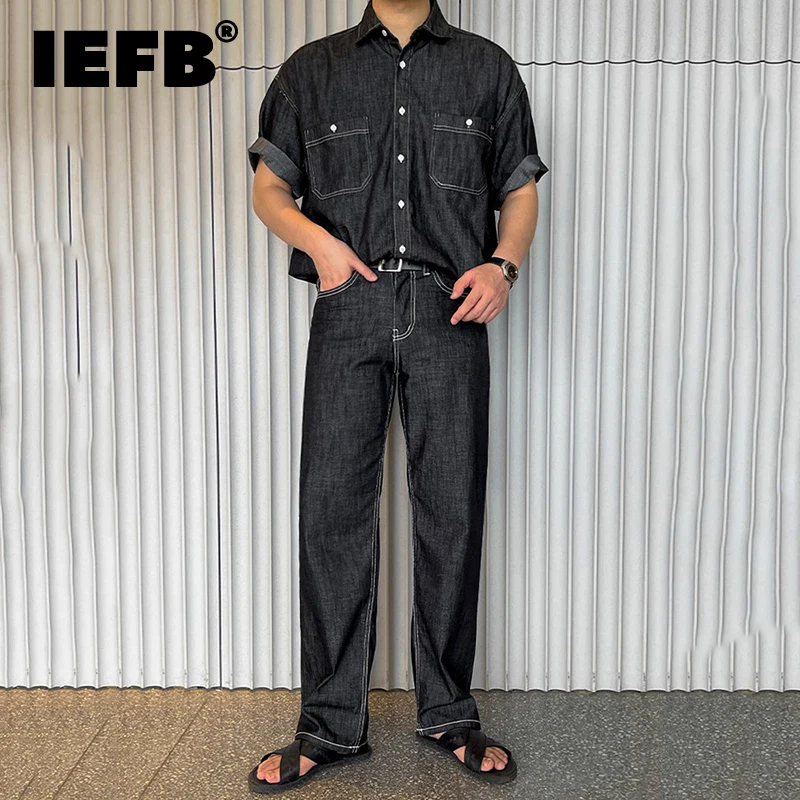 

Простой мужской костюм IEFB, свободные топы с отложным воротником и коротким рукавом, повседневные Прямые джинсы с широкими штанинами, Новинка лета 2024 9C6249