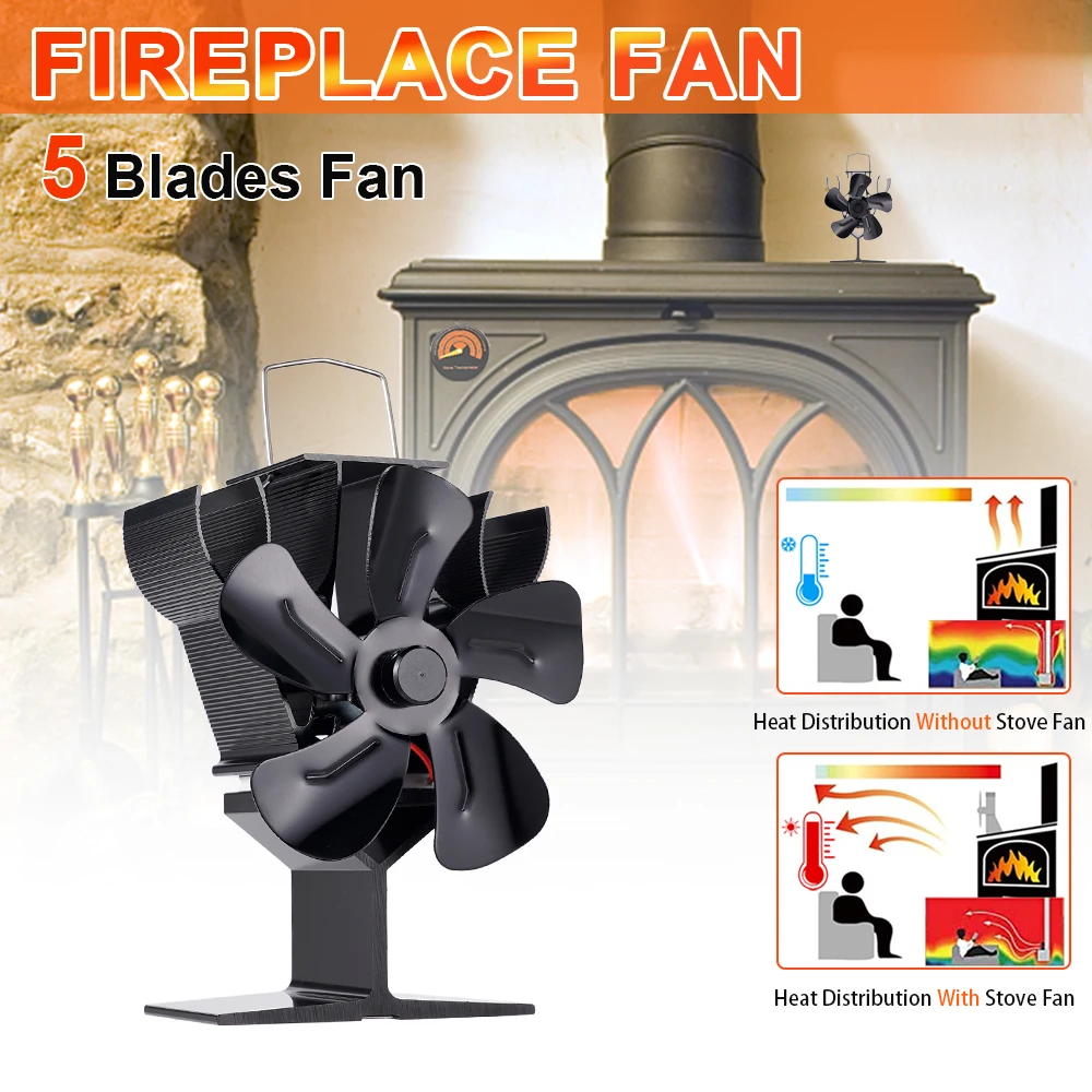 

5 Blades Stove Fan Heat Powered Log Wood Burner Black Eco-fan Quiet Fireplace Fan Winter Home Warmer Efficient Heat Distribution