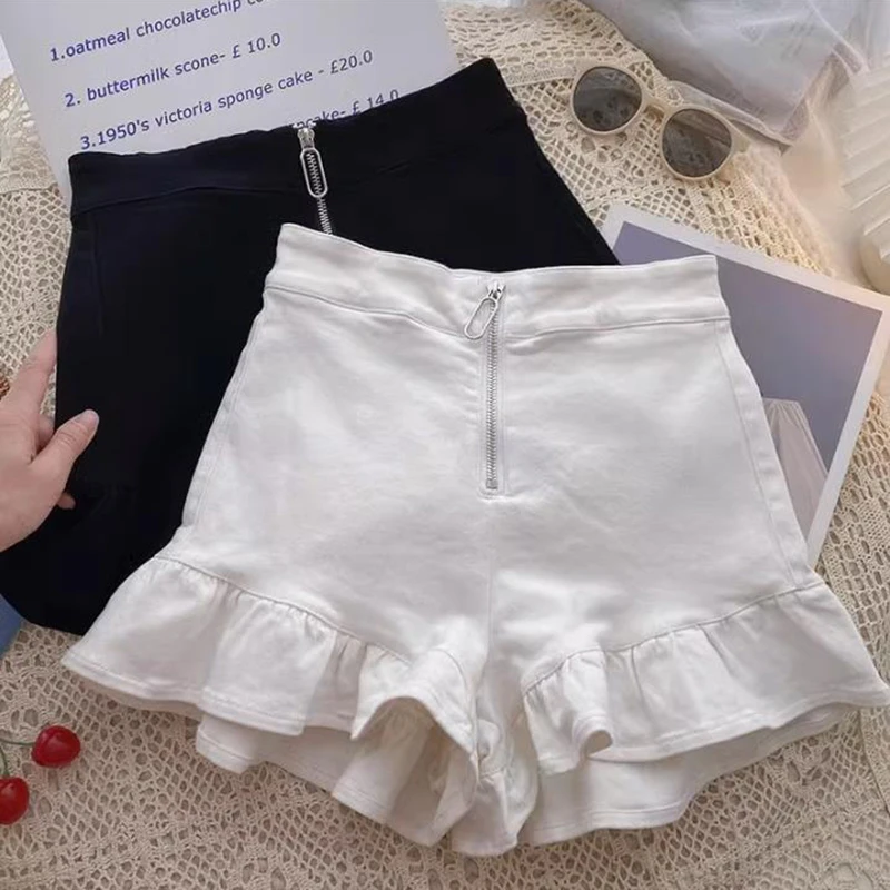 

Vintage Ruffles Jeans Shorts Women Summer High Waist Party Club White Black Shorts Sexy Short Femme