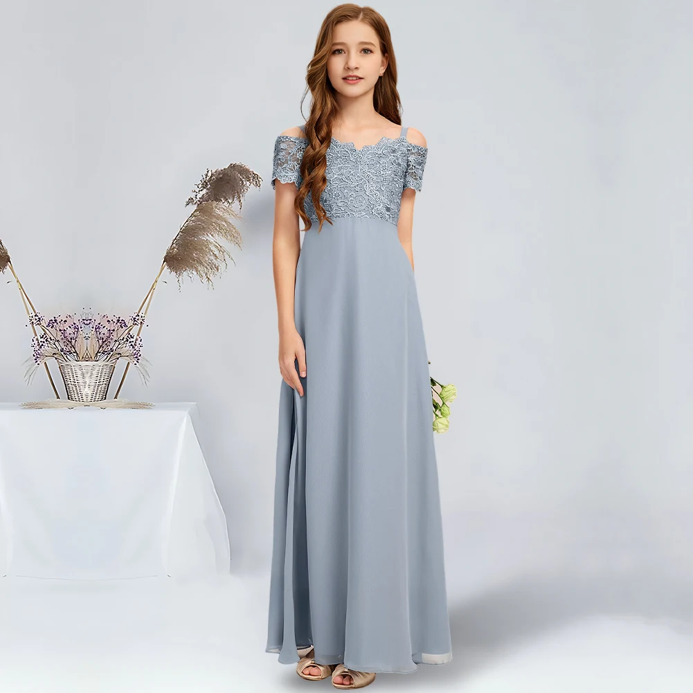 

A-line Cold Shoulder Floor-Length Chiffon Lace Junior Bridesmaid Dress Dusty Blue Flower Girl Dress for Wedding Communion Dress