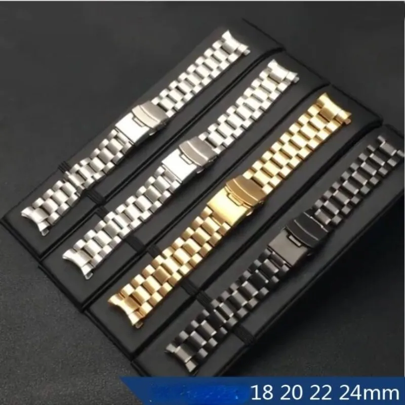 Stainless Steel Curved End Watch Strap with Double Lock Buckle