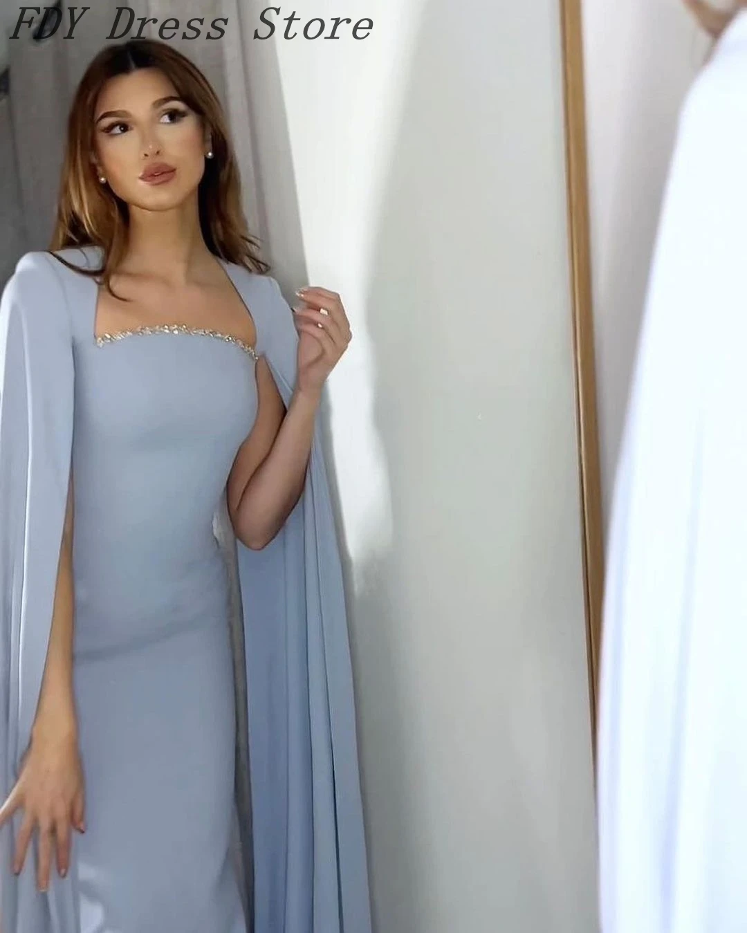 

Elegant Long Evening Dresses Square Neck Prom Dresses Pleated Chiffon Beadings Ankle Length Simple Party Dresses for Women