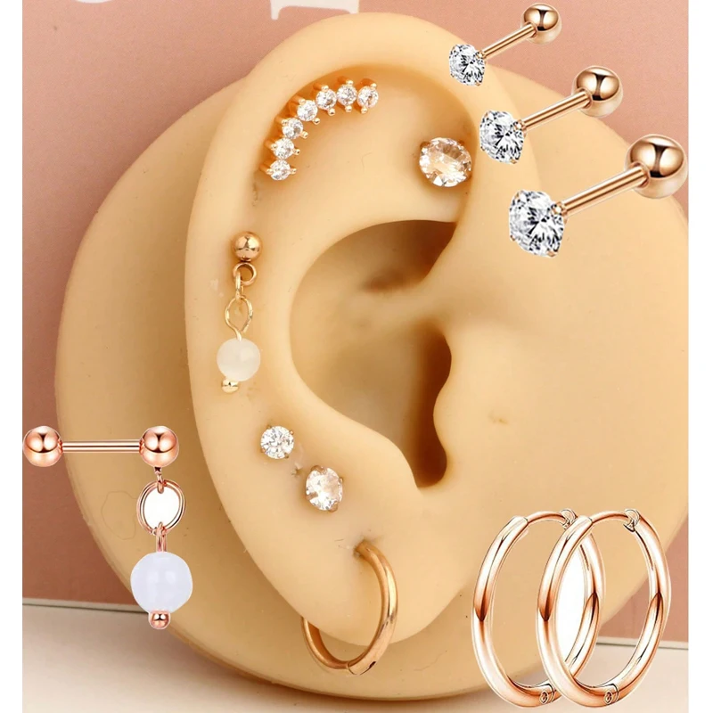 7PCS Tragus Stud Hoop Earring Set Heart Small Stud Set Lobe Piercing Cartilage Stud Helix Jewelry Cz Barbell Piercing Earrings