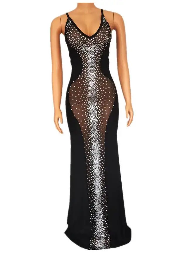 

Birthday Celebrate Outfit See Through Dancer Show Prom Dresses Shining Silver Rhinestones Transparent Sleeveless Black Dress