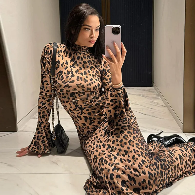 Leopard Printed Slim Long Dress Female Fashion Patchwork Contrast Elegant Long Sleeve Party Dress For Women Autumn Dress