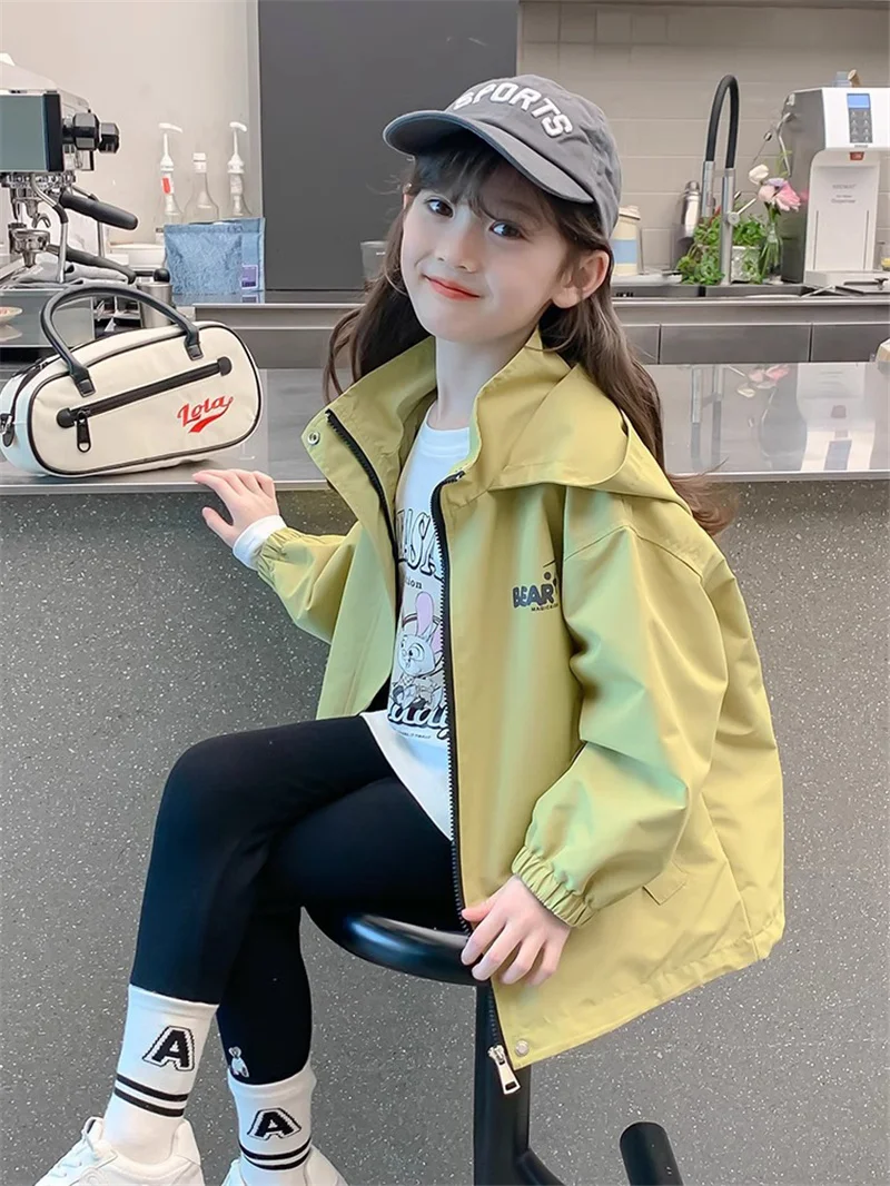 새로운 여자 얇은 트렌치 재킷 가을 봄 어린이 캐주얼 지퍼 Tracksuit 코트 어린이 의류 하이틴 후드 방풍 겉옷