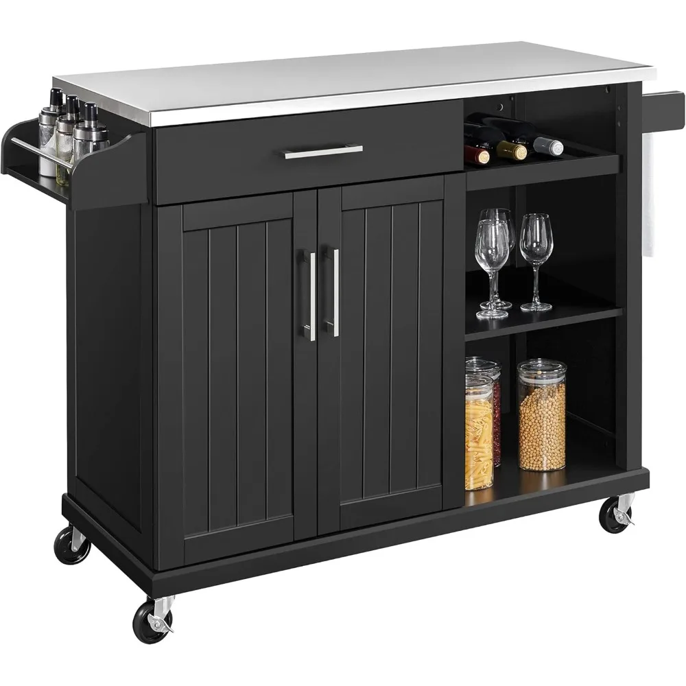 Kitchen Cart with Stainless Steel Top and Storage Cabinet, Kitchen Island on Wheels with Drawer & Open Shelves & Wine Rack & Sp