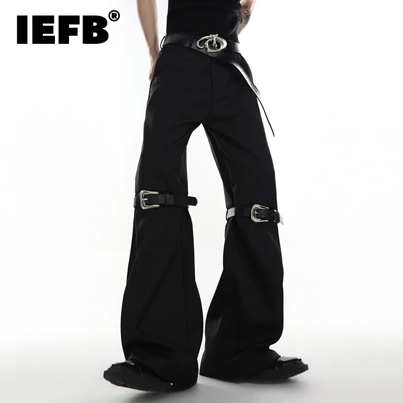 

IEFB Fashion Men's Suit Pant Niche Belt Splicing Design Micro Flare Pants Trend Solid Color Wide Trousers Trend Autumn New 9C672