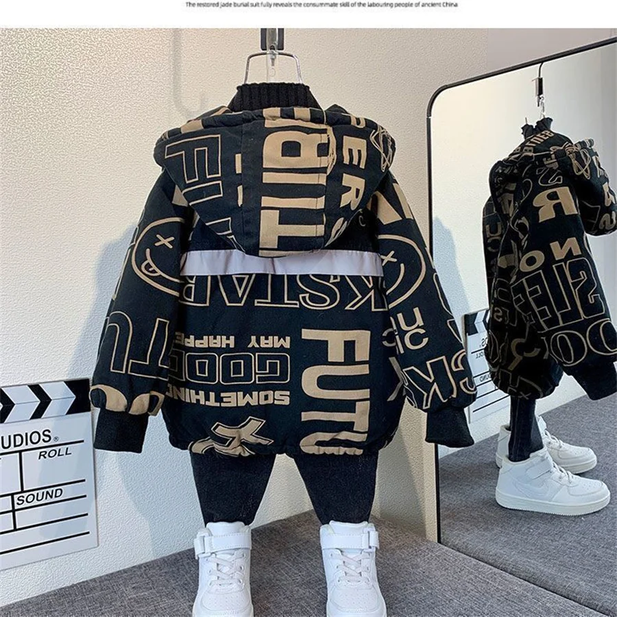 Outdoor Jacket For Boys Winter Hooded Zipper Outerwear Casual Baby Boys Velvet Thick Warm Coats Kids Clothing Fur Collar Parka