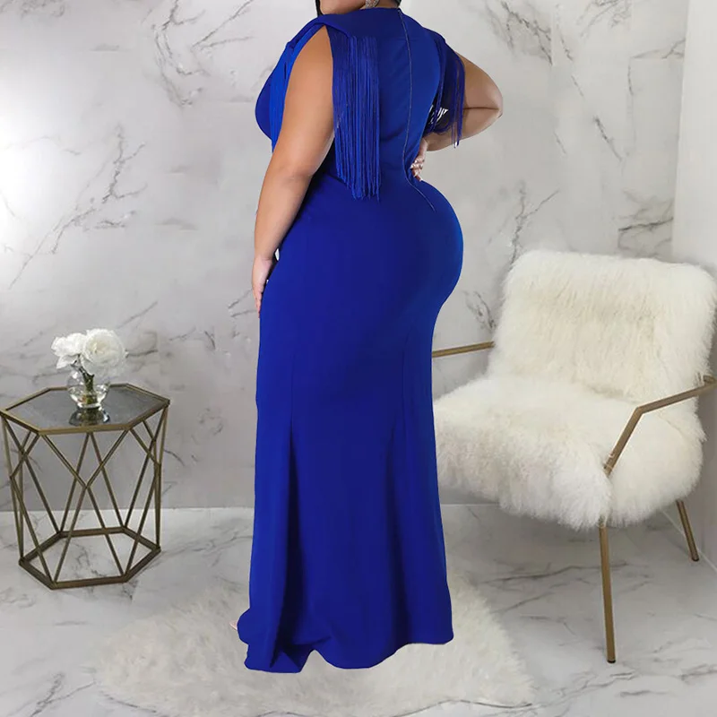 Temperament Back Zipper Slim Plus Size Party Dress Summer Women Sexy V-Neck Patchwork Tassel Sleeveless Bag Hip Maxi Long Dress