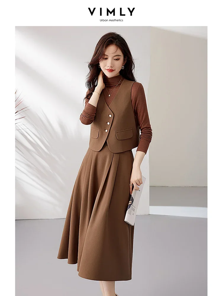 Vimly 2023 Autumn Waistcoat Skirt Sets Womens Three Pieces Outfits Long Sleeve T Shirt Midi Skirt Elegant Matching Sets M2625