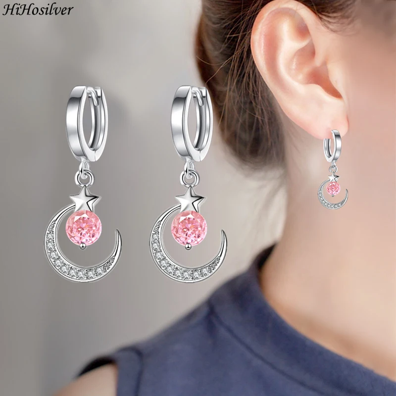 

HiHosilver 925 Silver Needle New Women's Fashion High-quality Jewelry Crystal Zircon Star Moon Drop Earrings HS0083