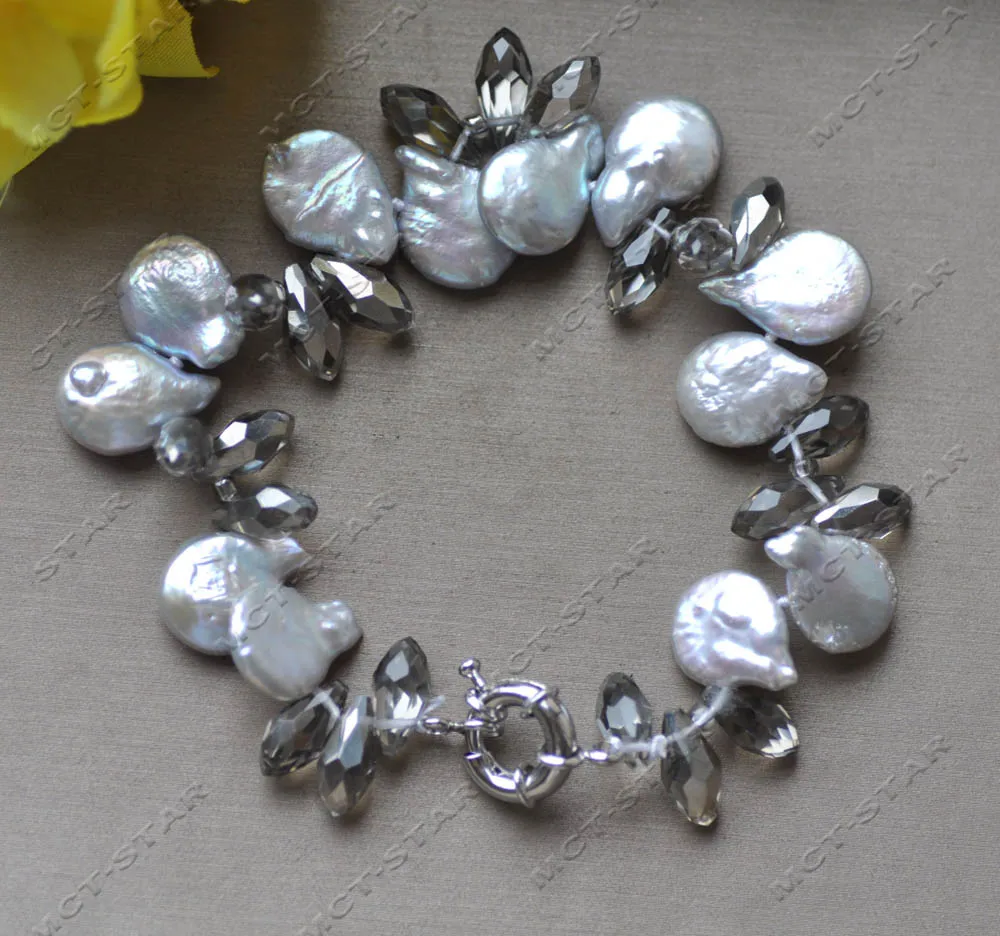 Z13230 14mm Gray Coin Pearl Faceted Drip Crystal Necklace
