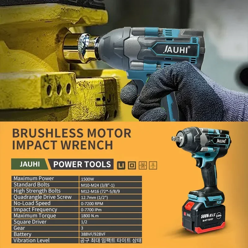 JAUHI 1800N.M Torque Brushless Electric Impact Wrench For Trucks 1/2 inch Cordless Wrench Driver Tool For Makita 18V Battery
