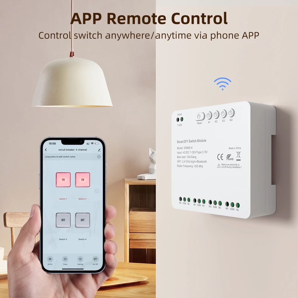 AVATTO tuya WIFI 7-32V/85-250V chytrá spínač modul, RF 433 DIY 4 kanálů elektromagnetické relé modul daleký ovládání pro alexa, google domácí, alenka