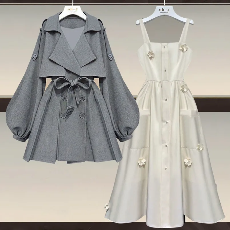 Oversized Women's Spring Set 2023 New Skin Covering Slim Mid Length Fashion Trench Hanger Dress Two Piece Set
