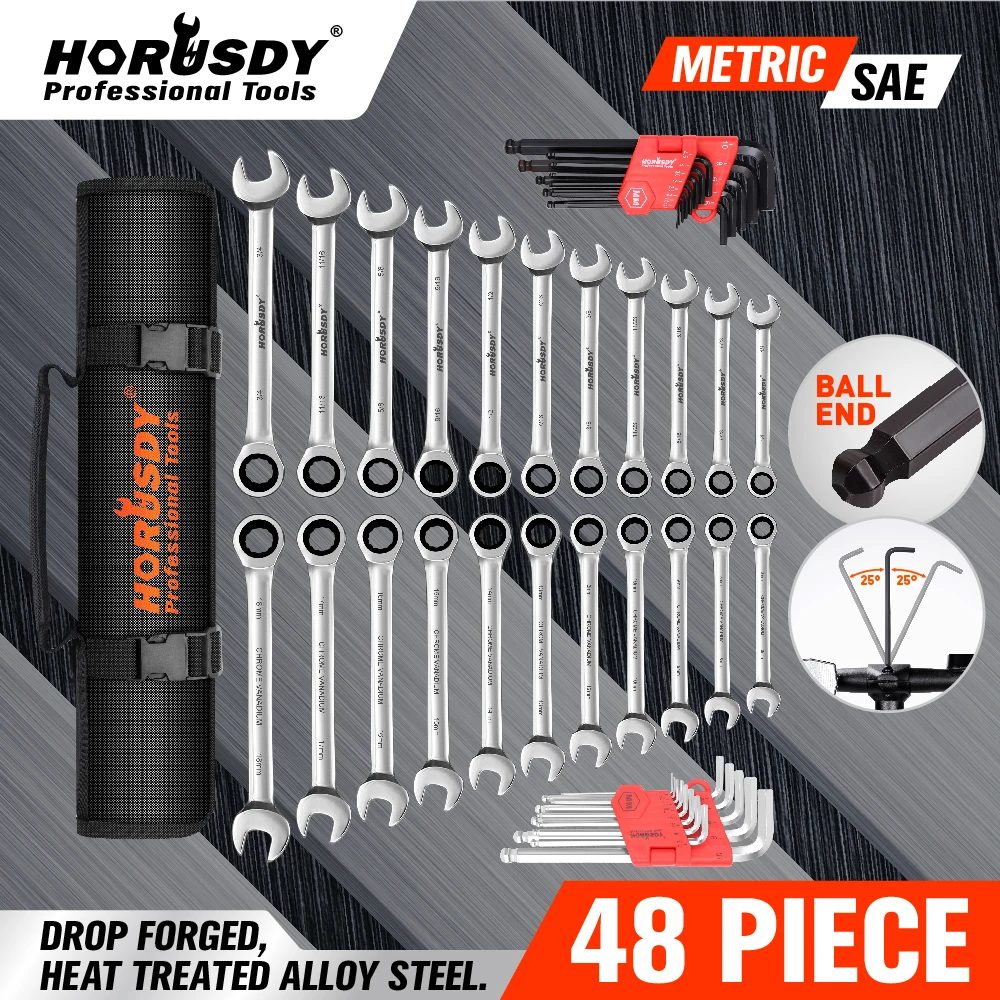 HORUSDY Ratcheting Wrench Set | 48-Piece | Cr-V Steel | 72 Teeth Ratchet Wrench 6-18mm & SAE 1/4-3/4" | with Roll Up Pouch