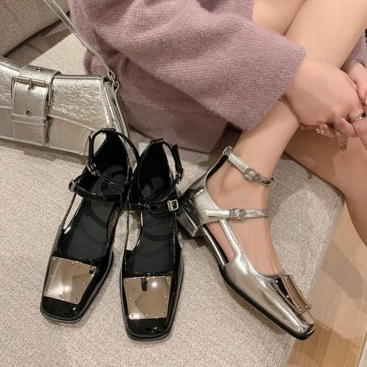 

Sping Summer Women Mary Jane Shoes Chunky Heels Shoes Woman Luxury Designer Double Buckles Pumps British Style Vintage Shoes