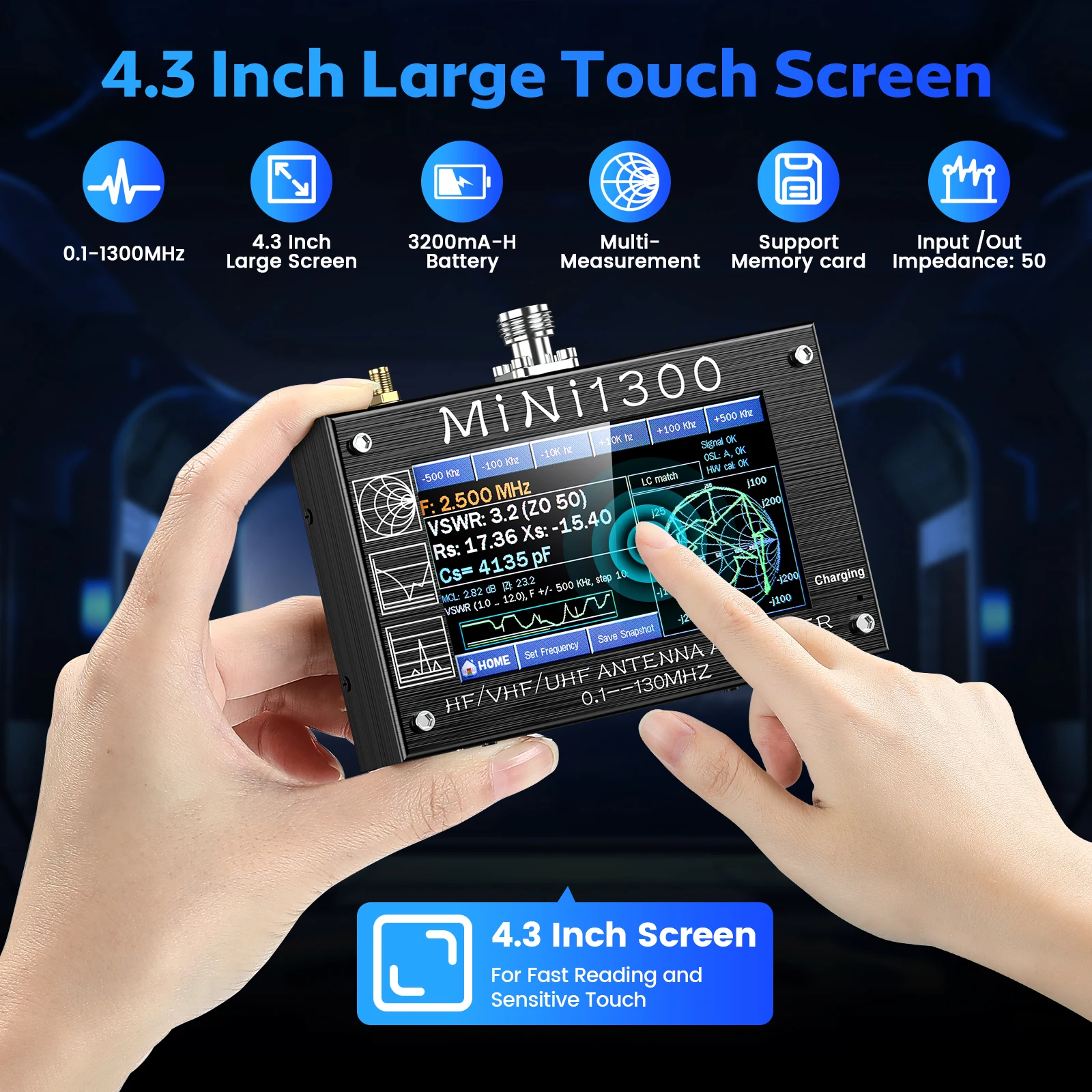 Upgraded Mini 1300 Antenna Analyzer 4.3 Inch 0.1-1300MHz HF VHF UHF Antenna Analyzer with SMA Calibration Network