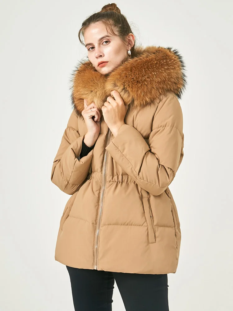 

Женская куртка с капюшоном, белая парка на 90% утином пуху, с натуральным мехом енота, теплая верхняя одежда, зима 2023