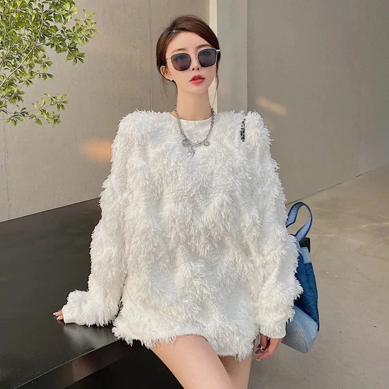 

Autumn Winter Sweatshirt Women Fluffy Tassel Fairy White Solid Sweatshirt Sweet Ladie Fashion Loose Casual Harajuku Top Pullover