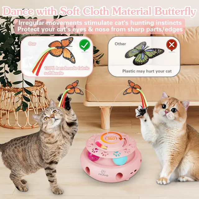 INKZOO 4-in-1 Interactive Cat Toys for Indoor Cats, Automatic 6 Holes Mice Whack-A-Mole, Fluttering Butterfly, Track Balls, USB 4