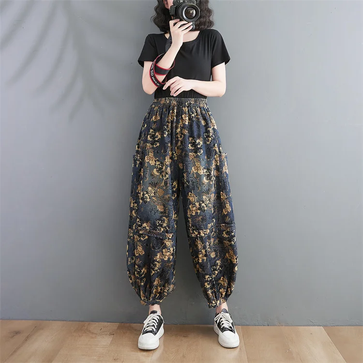 buckle jeans Women Vintage Denim Wide Leg Pant Elastic Waist Loose Spring Jeans Korean Fashion Floral Print Pockets Cropped Pants Pantalones women's clothing stores