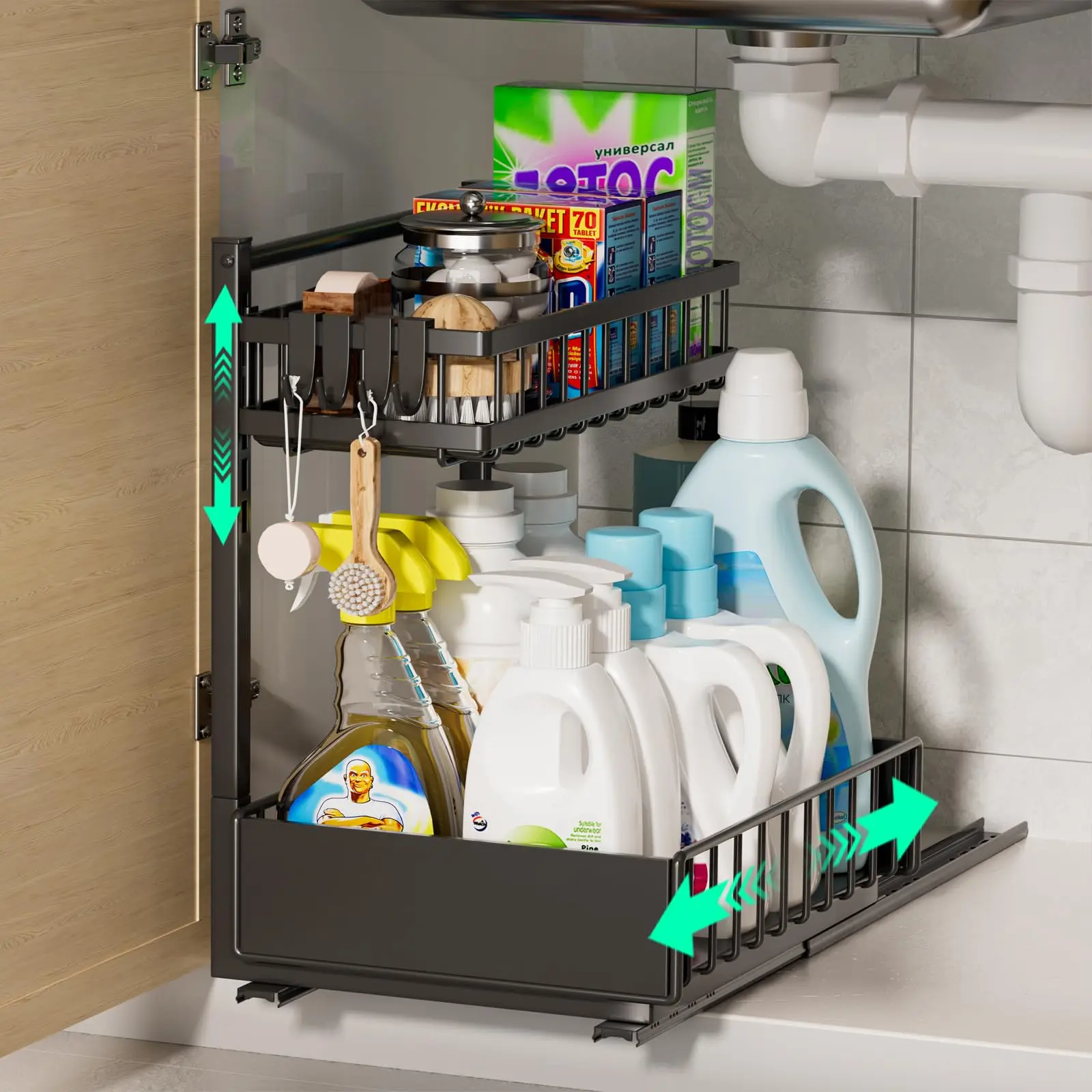 Under Sink Organizer and Storage Height Adjustable Pull Out Cabinet Organizer 2 Tier Slide Out Sink Shelf Cabinet Storage Shelve