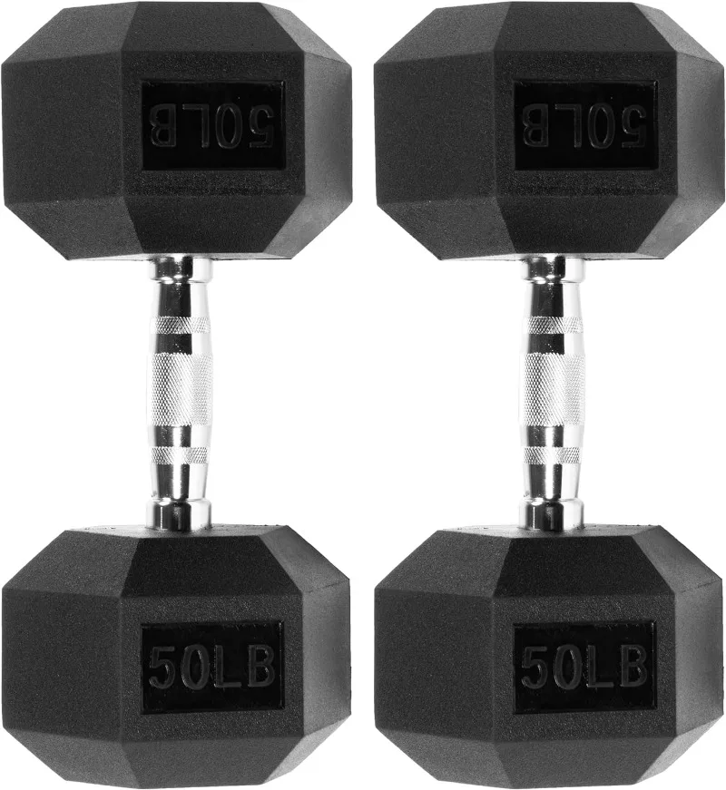Rubber Encased Hex Dumbbell Multiple Sizes Hexagon shape rubber encased heads help prevent rolling and provide easier storage