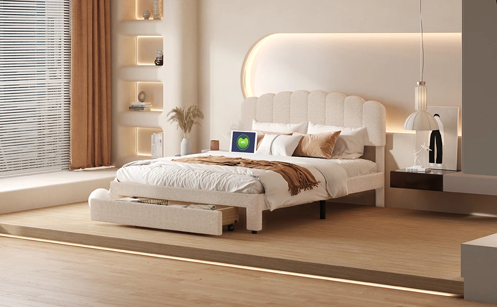 Rosahqnda-Bett, Doppelbett, 140 x 200 cm/160 x 200 cm, Teddybär-Kopfteil, Jugendbett, Bettgestell mit 1 Schublade, keine Matratze beige. – Detail 2