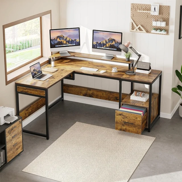 Lift Top L-Shaped Desk, Computer Corner Desks with DrawersRustic Brown