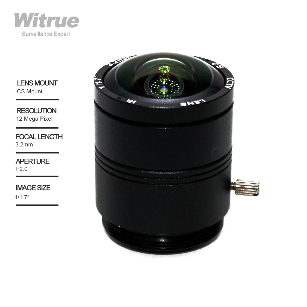 

Witrue HD 4K 12MP CCTV Lens 3.2MM CS Mount 150 Degree Aperture F2.0 Format 1/1.7" Inch for Surveillance IP Box Cameras