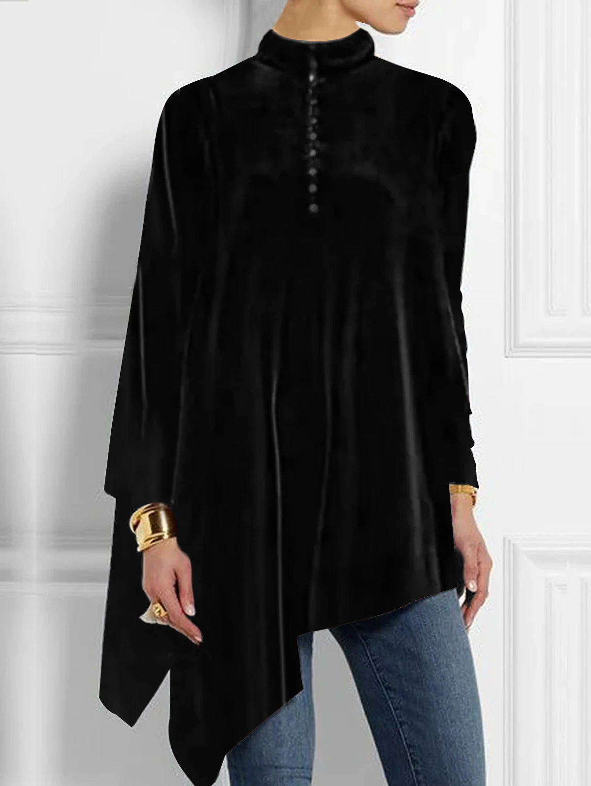 thumbnail image 1 of Blusa de talla grande con dobladillo irregular para mujer, camiseta de manga larga de terciopelo retro a la moda de otoño, top asimétrico holgado informal con cuello alto, 1 of 4