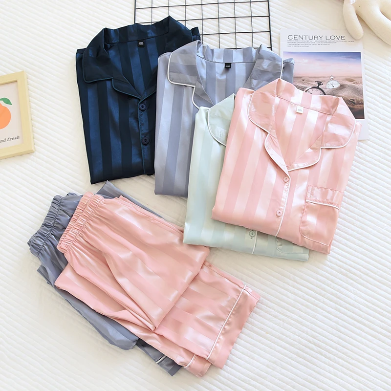 silk pajamas Newest Two-piece Silk Couple Pajamas Set Spring And Summer Long Sleeve Trouser Home Wear For Women Ladies Casual Home Service satin pajama set