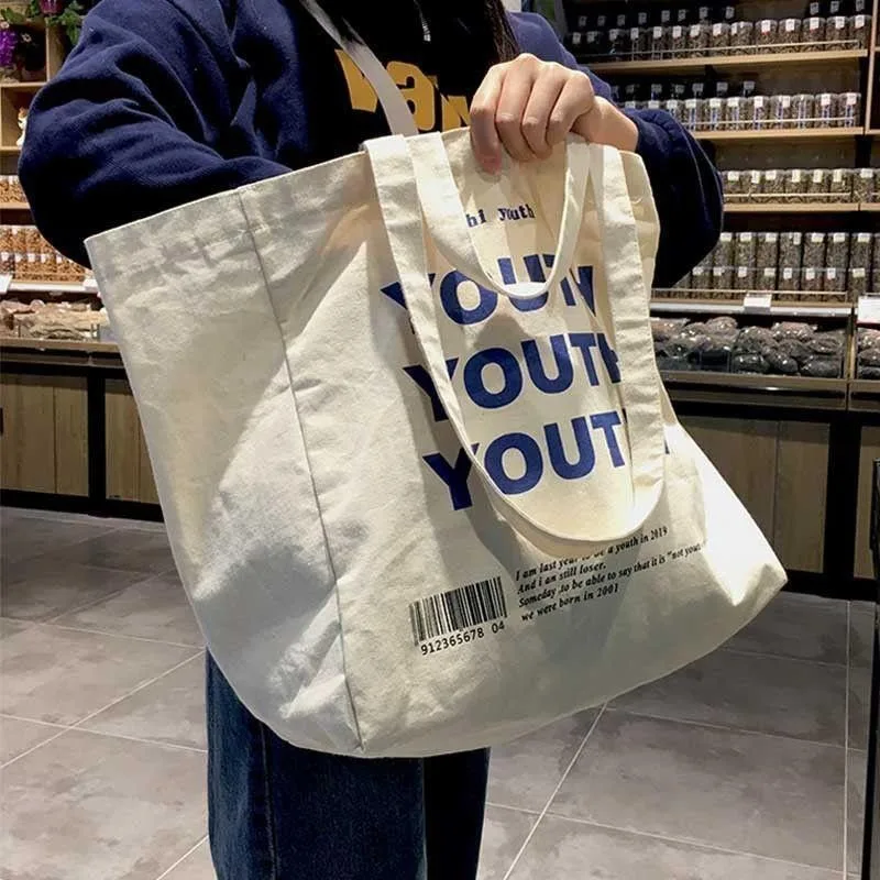 Simple Letter Print Tote Bag, Literary Canvas Shoulder Bag, Large Handbag For School, Travel, Shopping