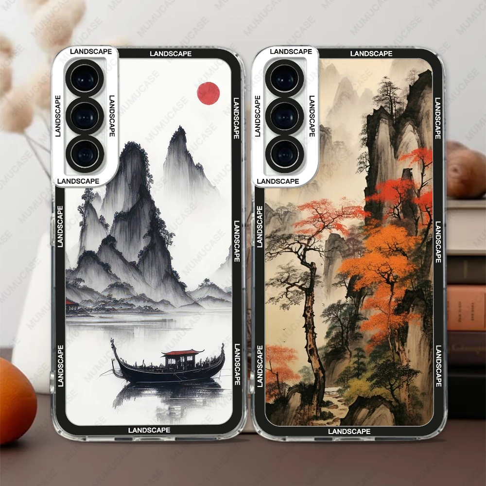 Custodia Per Samsung Galaxy S20 S21 Fe S22 Plus S23 Ultra A22 A54 5G Soft Cover Ink And Wash Landscape Painting